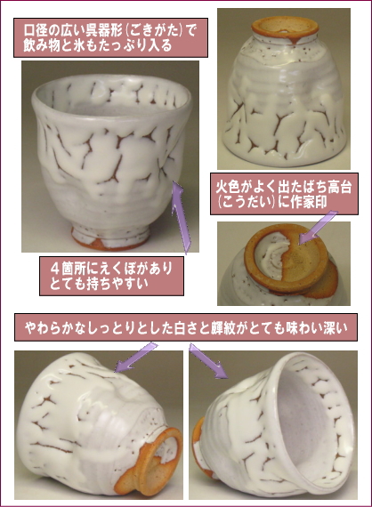 萩焼(伝統的工芸品)フリーカップ鬼白呉器えくぼの部位のご説明