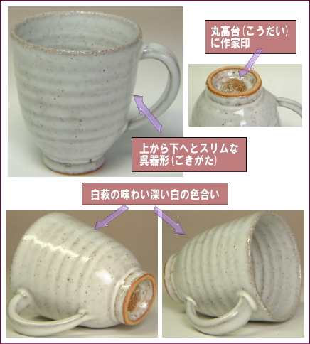 萩焼(伝統的工芸品)マグカップ白萩呉器の部位のご説明