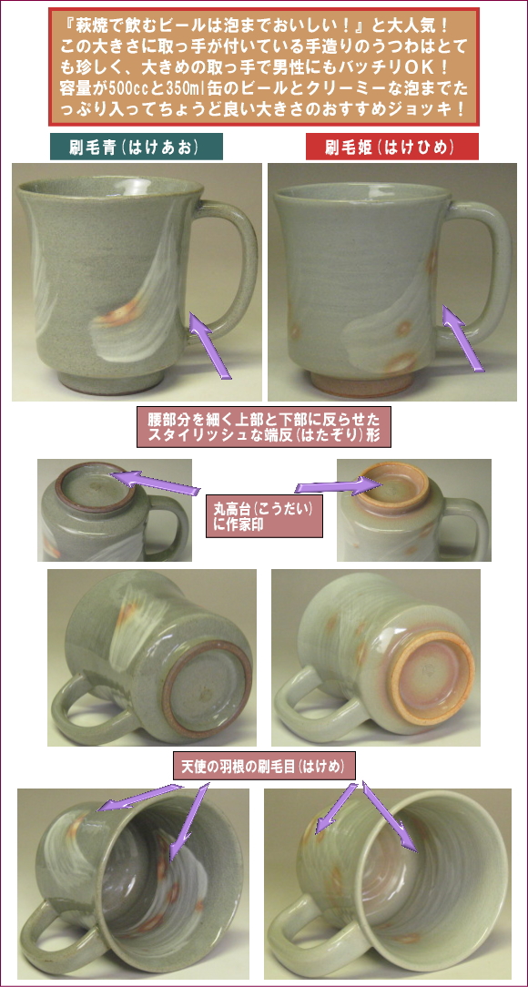 萩焼(伝統的工芸品)ビールジョッキ刷毛目(青or姫)端反の部位のご説明