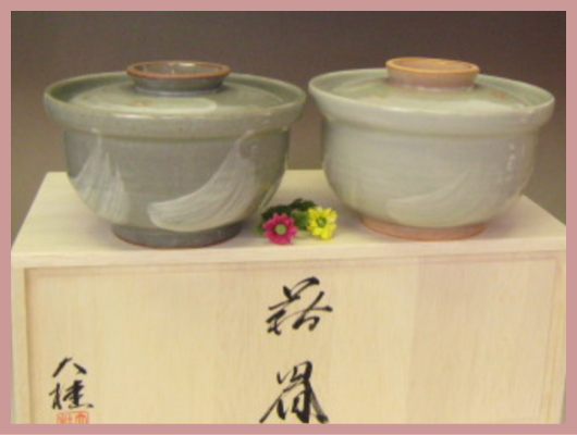 萩焼(伝統的工芸品)ペアーどんぶり蓋付き刷毛目(青or姫)・木箱入り