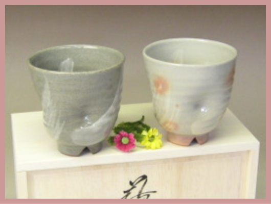 萩焼(伝統的工芸品)ペアーフリーカップ刷毛目(青or姫)呉器えくぼ・木箱入り