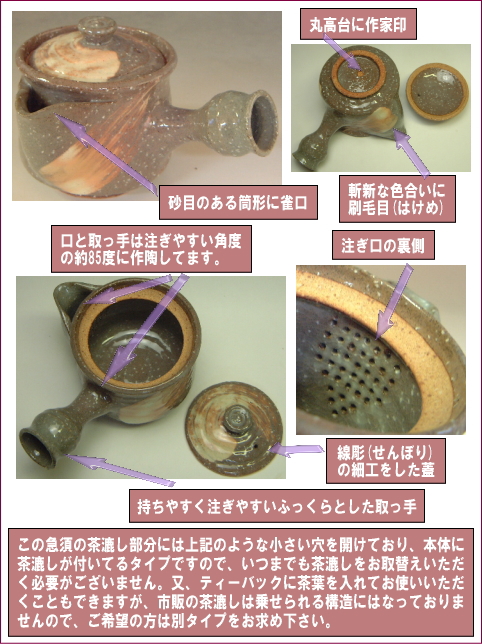 萩焼(伝統的工芸品)急須刷毛青荒筒雀口大タイプAの部位のご説明
