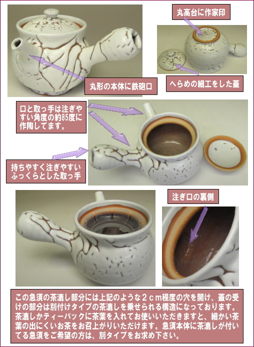 萩焼(伝統的工芸品)急須鬼白丸鉄砲口大タイプBの部位のご説明