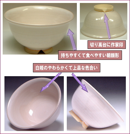 萩焼(伝統的工芸品)飯碗白姫朝顔の部位のご紹介